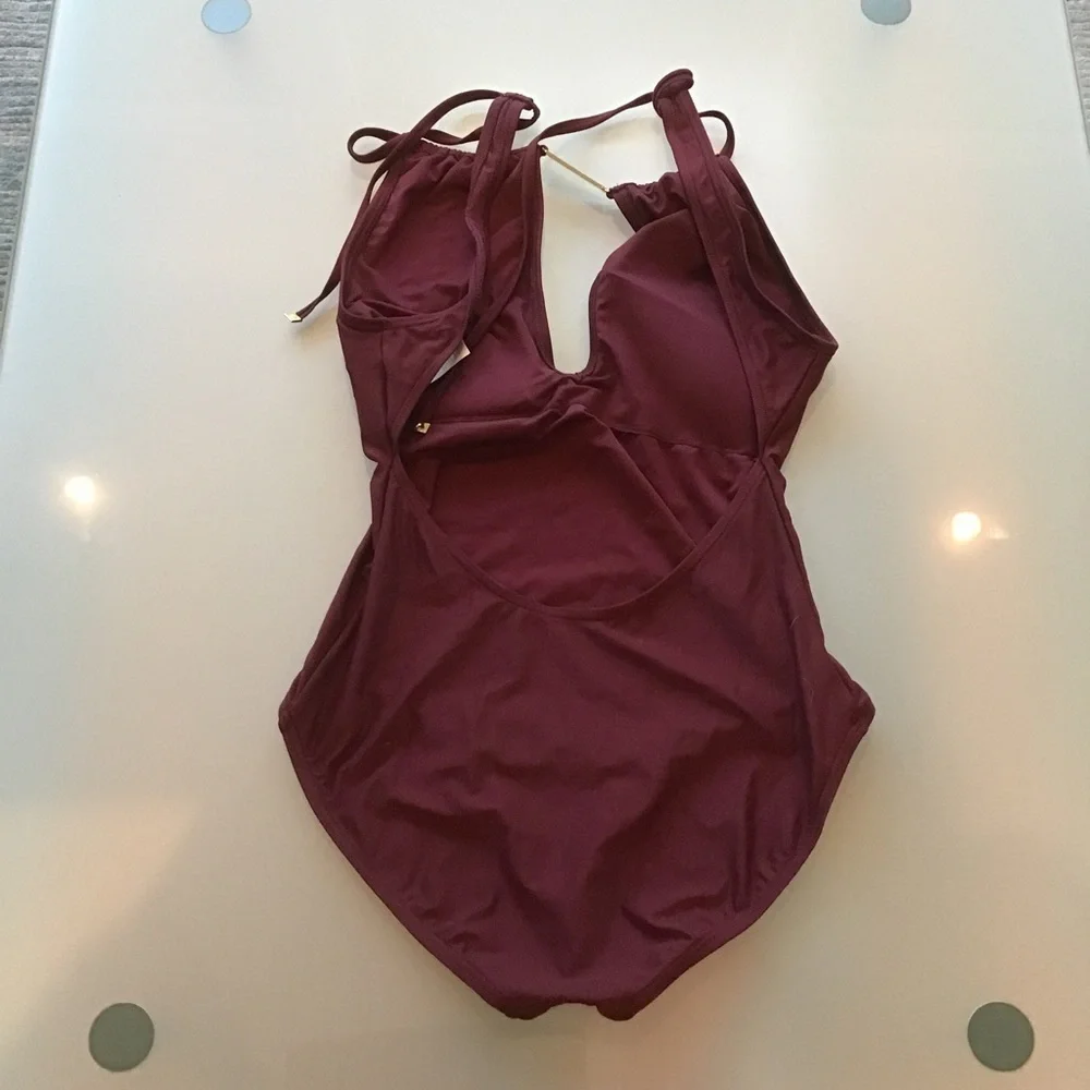 Kate Spade Deep Cherry Crescent Bay High‎ Neck Plunge One Piece Swimsuit M EUC